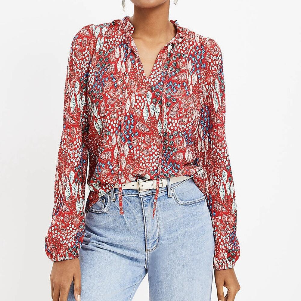 Loft Womens Blouse XXS Garden Textured Reuffle Tie Neck Peasant Boho Dopamine
